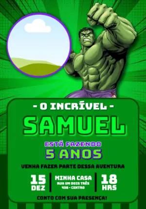 Convite de Aniversário Hulk Verde para Editar com foto