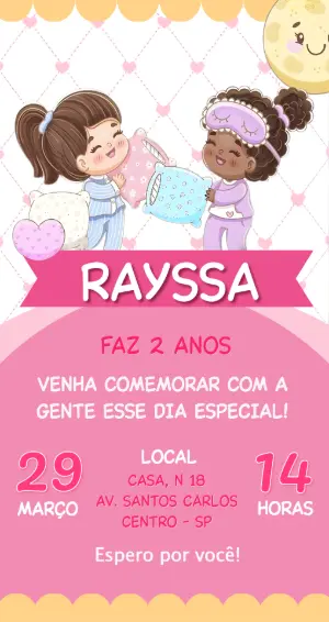 Convite Digital Festa do Pijama Infantil Rosa para Editar