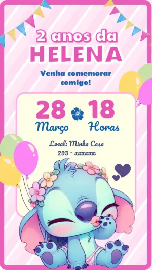 Convite Digital Aniversário Stitch Menina Editável