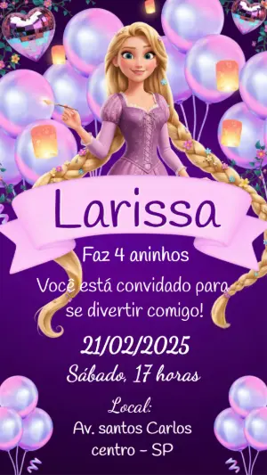 Convite de Aniversário Rapunzel Enrolados Roxo para Editar