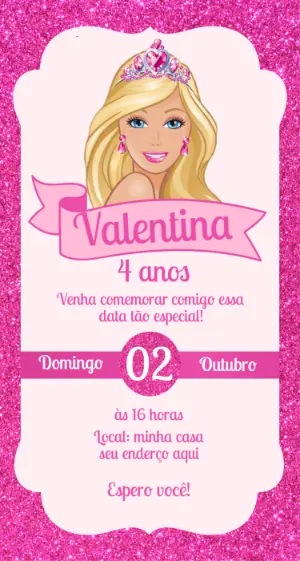 Convite Digital Barbie Princesa Rosa com Glitter para Editar
