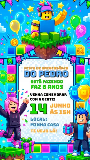 Convite de Aniversário Gamer Roblox Coloridos Editável