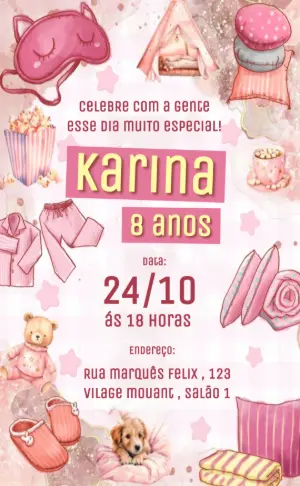 Convite Aniversário Festa do Pijama Rosa para Editar Online