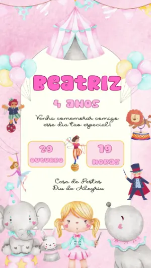 Convite Aniversário Circo Rosa com Personagens para Editar