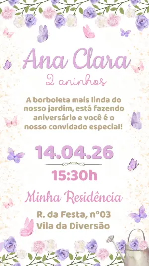 Convite de Aniversário Jardim das Borboletas Lilás Editável