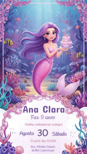 Convite Digital Sereia Mágica com Cabelo Roxo para Editar