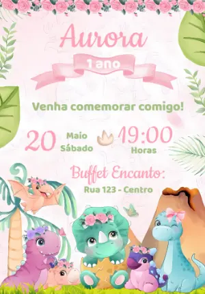 Convite Aniversário Dinossauro Baby Menina para Editar Online