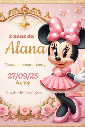 Convite Aniversário Minnie Mouse Princesa Rosa e Dourado Editável