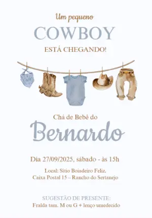 Convite Chá de Bebê Cowboy Country para Editar Online