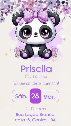 Convite de Aniversário Panda Lilás Fofo para Editar