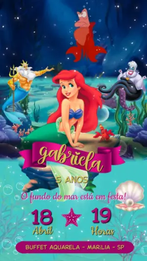 Convite Animado Aniversário A Pequena Sereia para Editar Online