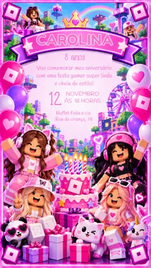 Convite de Aniversário Roblox Menina Gamer Editável