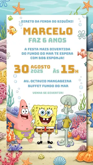 Convite de Aniversário Bob Esponja para Editar Online
