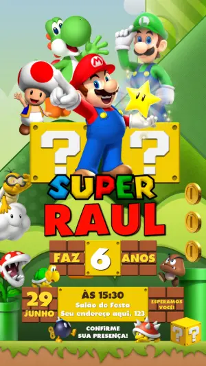 Convite de Aniversário Super Mario com a Turma para Editar