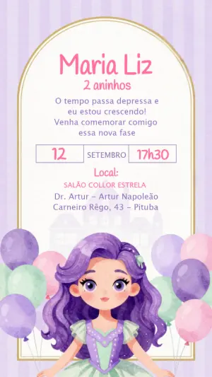 Convite Aniversário Infantil Princesa Cabelo Roxo Editável
