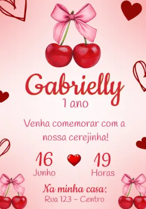 Convite de Aniversário Cerejinha Rosa | Modelo Editável