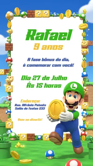 Convite de Aniversário Luigi do Super Mario para Editar Online