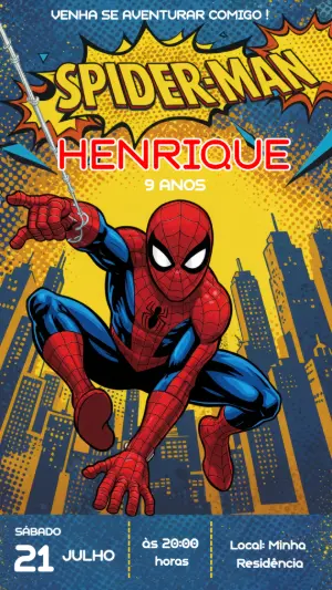Convite de Aniversário Homem-Aranha estilo quadrinhos para editar