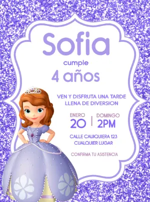 Invitación de Cumpleaños Princesa Sofía con Brillo para Editar