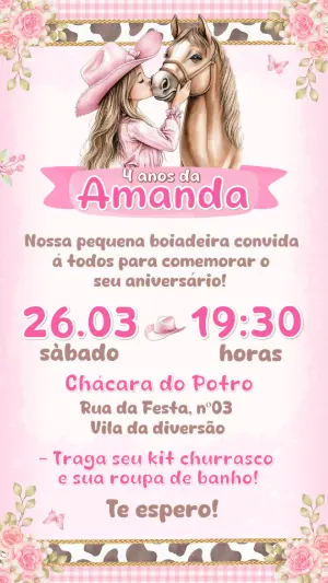 Convite de Aniversário Country Rosa com Cavalo para Editar