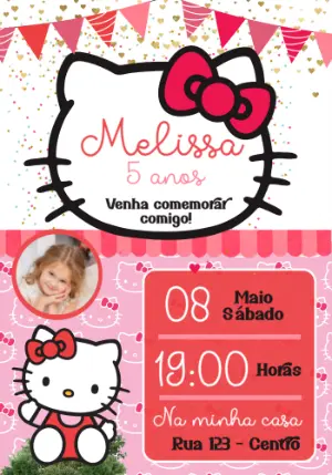 Convite de Aniversário Hello Kitty com Foto para Editar Online