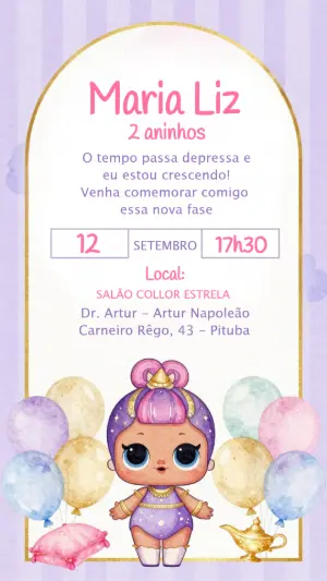 Convite de Aniversário Boneca Gênio Lilás para Editar Online