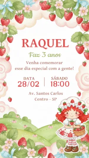 Convite Digital Aniversário Infantil Tema Moranguinho Editável