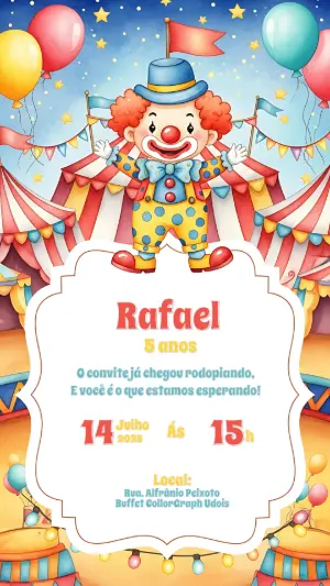 Convite Aniversário Circo com Palhaço para Editar Online