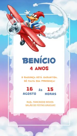 Convite de Aniversário Pica-Pau Aviador Digital para Editar