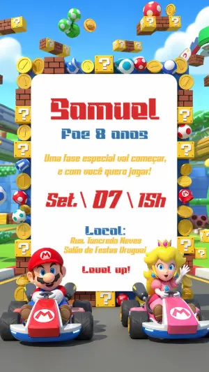 Convite de Aniversário Mario Kart com Personagens para Editar
