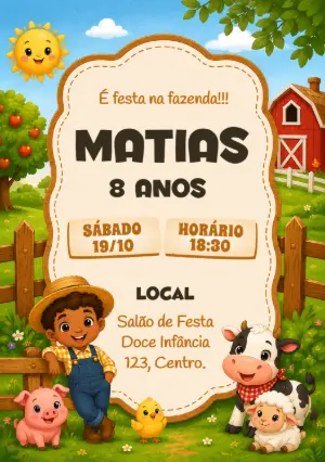 Convite de Aniversário Fazendinha Menino Editável