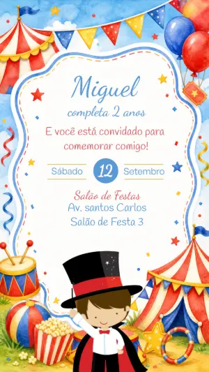 Convite de Aniversário Circo Mágico Aquarela para Editar