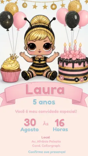 Convite Animado Aniversário LOL Abelhinha Rosa e Dourado