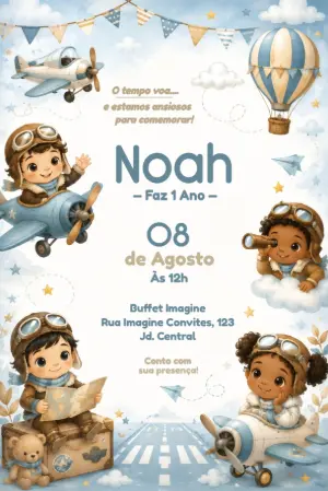 Convite de Aniversário Tema Aviador para Editar Online