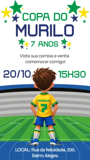 Convite de Aniversário Infantil Futebol Brasil Editável