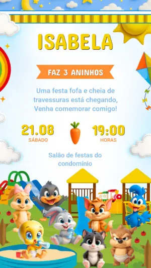 Convite de Aniversário Looney Tunes Baby Fofo para Editar