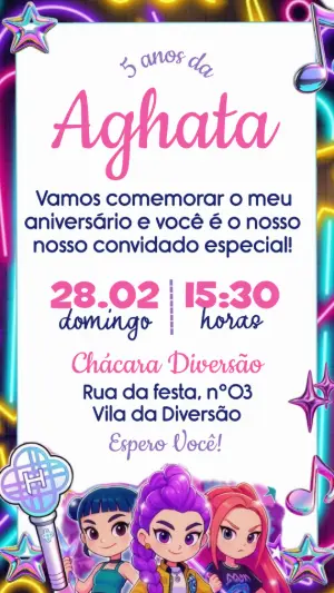 Convite Digital Aniversário Guerreiras do K-pop Editável