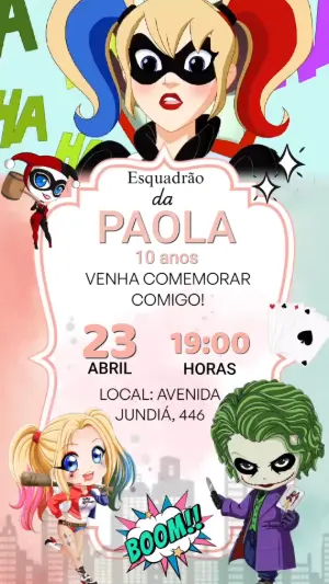 Convite Animado Aniversário Arlequina para Editar Online