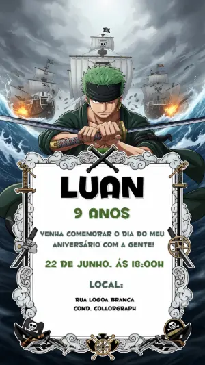 Convite de Aniversário Zoro One Piece para Editar Online