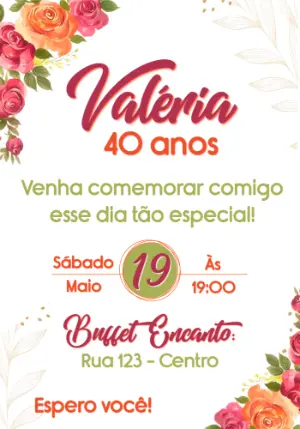 Convite de Aniversário Adulto Floral Rosa e Laranja Editável