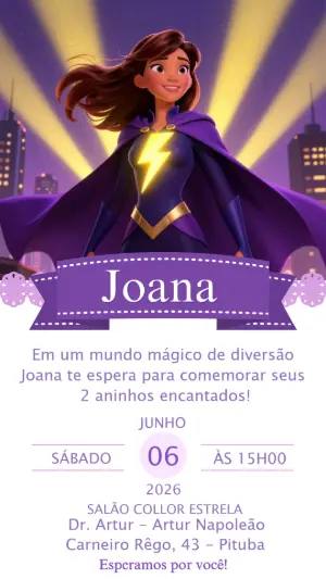 Convite Digital Aniversário de Menina Super-Heroína Editável