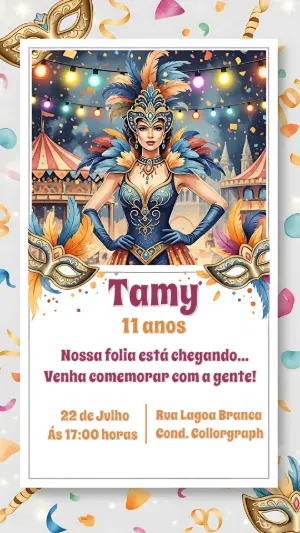 Convite de Aniversário Carnaval com Foliã para Editar Online
