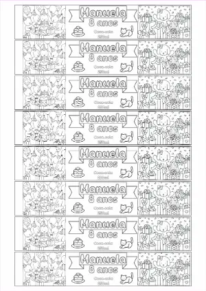 Rótulo de Aniversário para Colorir Editável com Bichinhos Fofos