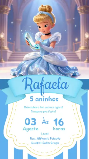 Convite de Aniversário Cinderela 3D Azul para Editar