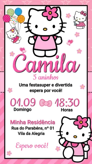 Convite de Aniversário Hello Kitty Rosa Editável
