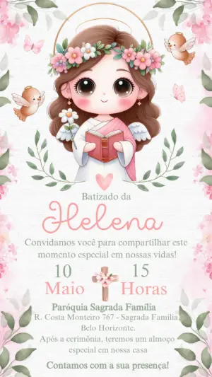 Convite de Batizado Anjinha Delicada para Editar Online
