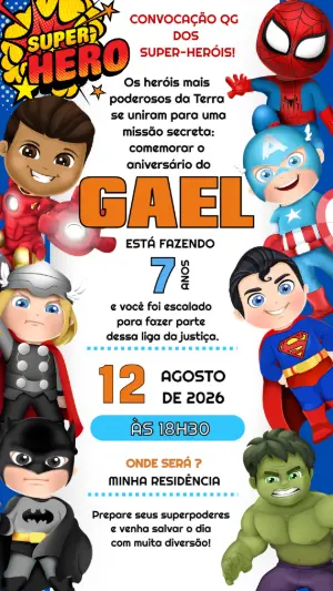 Convite de Aniversário Super-Heróis Infantil para Editar