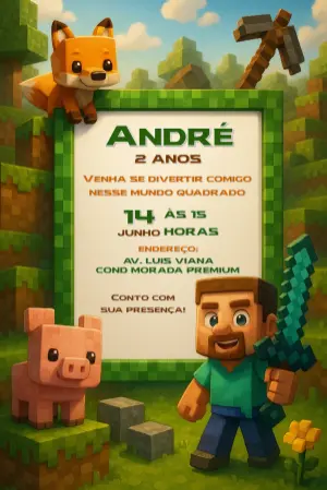 Convite de Aniversário Minecraft com Personagens para Editar