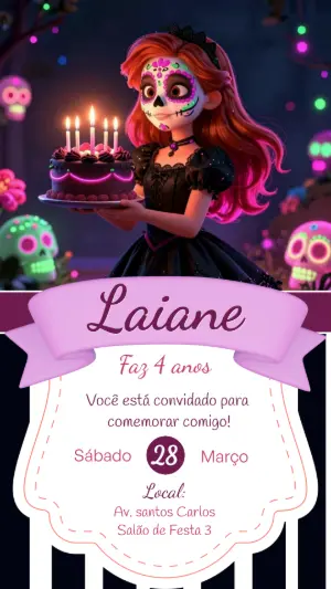 Convite Aniversário Caveira Mexicana 3D Digital para Editar