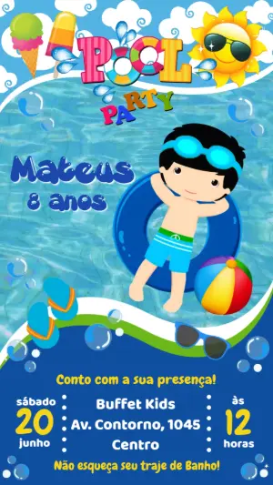 Convite Animado Aniversário Pool Party para Editar Online